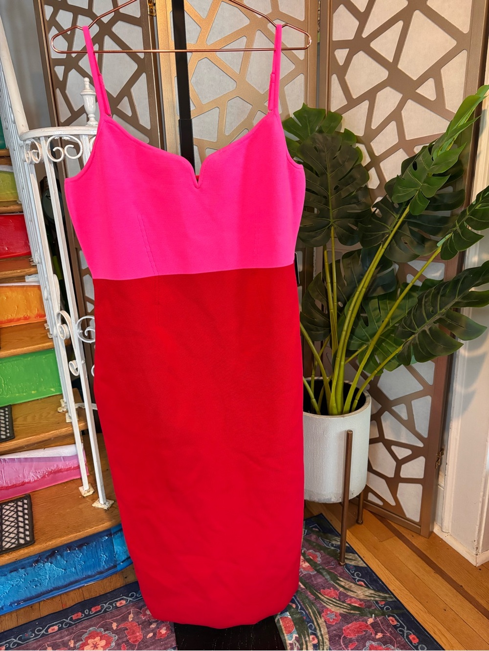 Express Body Contour Pink Red Colorblock Midi Dress XL NWT